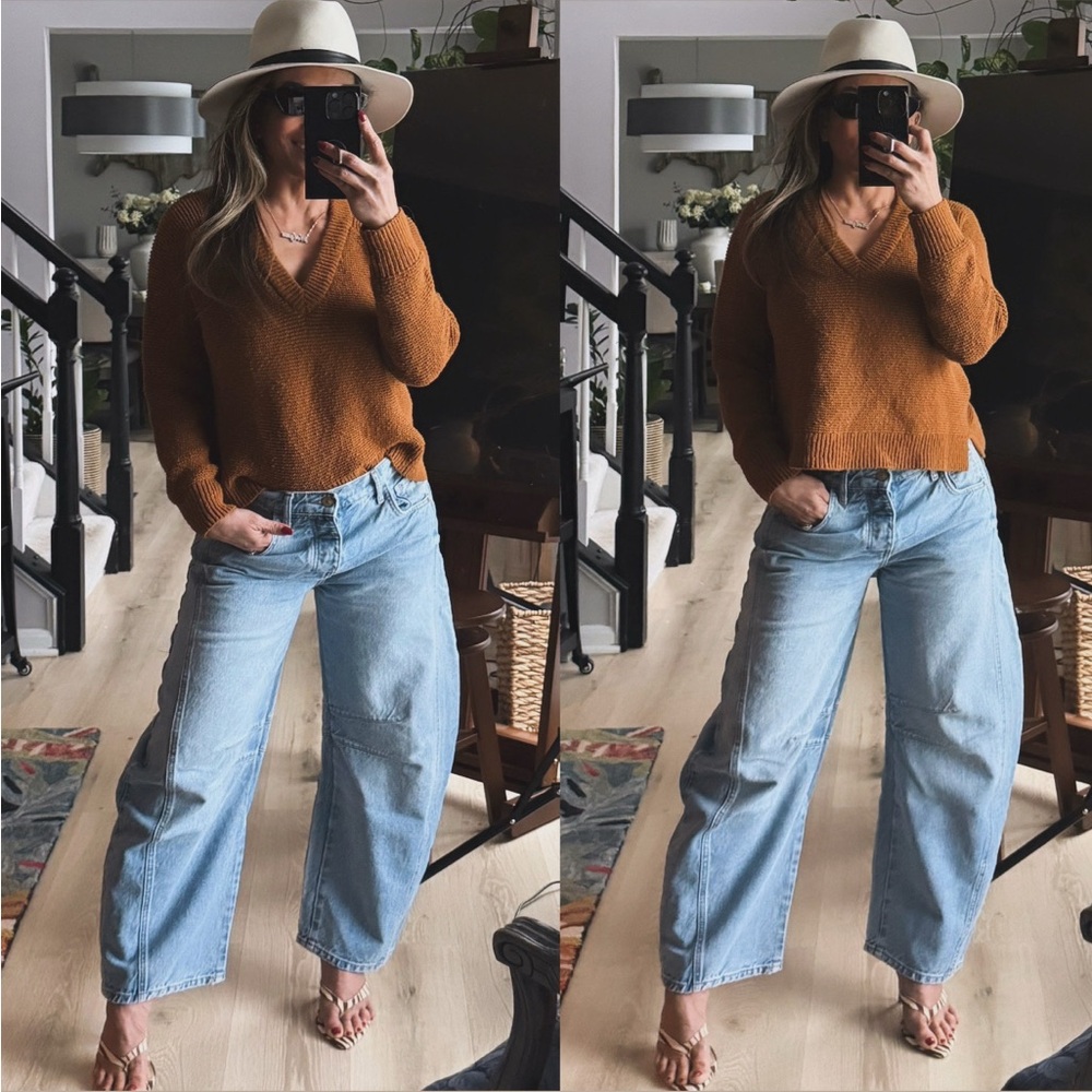MADEWELL SHORTIE BOX V NECK SWEATER S in CAMEL